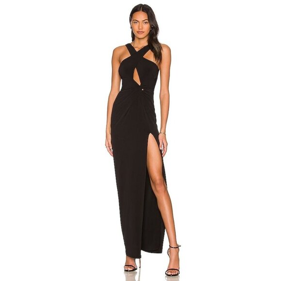 Nookie Belisse Gown Black Halter Maxi Dress Cut-Out Twist Front High-Slit XS NWT - Picture 1 of 16
